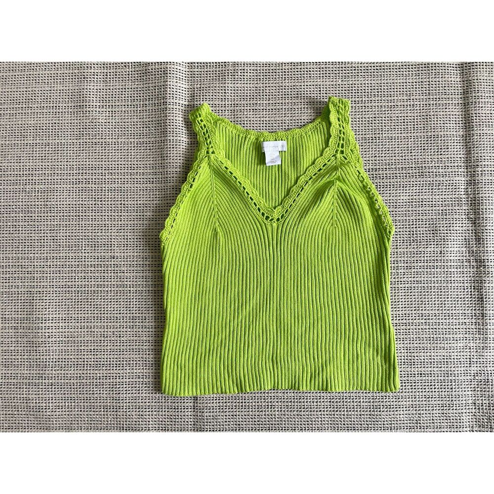 Y2K Neon Green Ribbed Tank Top Crochet Trim Stretch Knit Camisole L